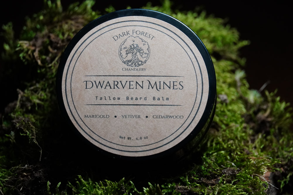 Dwarven Mines cedarwood and vetiver beard balm, handmade in Arkansas by Dark Forest Chandlery